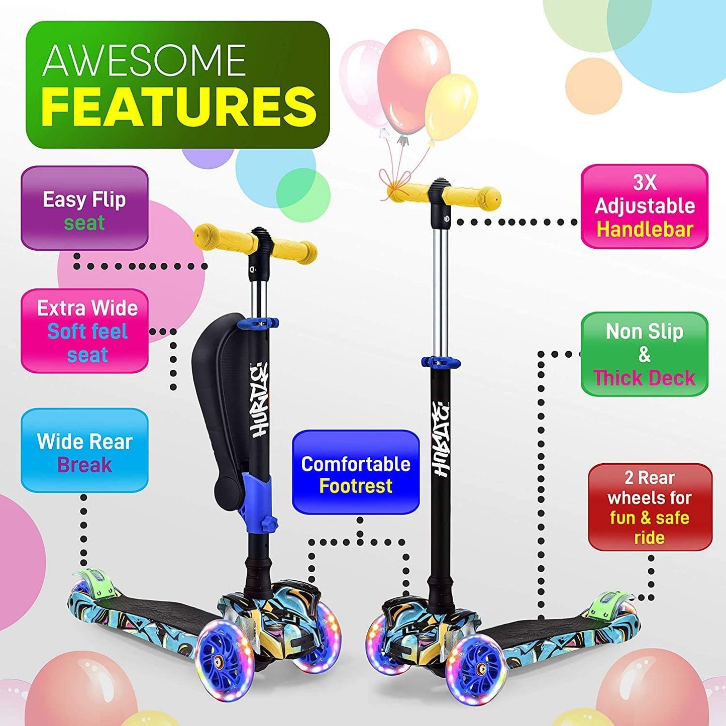 3-Wheeled Scooter for Kids - Wheel LED Lights, Adjustable Lean-To-Steer Handlebar, and Foldable Seat - Sit or Stand Ride with Brake for Boys and Girls Ages 1-14 Years Old