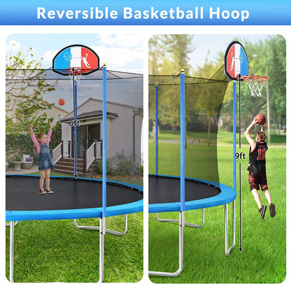 15 FT Trampoline with Safety Enclosure Net, Basketball Hoop and Ladder - 800LB ASTM Approved Kids Basketball Trampoline (Tricolor Backboard)