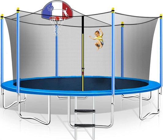 15 FT Trampoline with Safety Enclosure Net, Basketball Hoop and Ladder - 800LB ASTM Approved Kids Basketball Trampoline (Tricolor Backboard)