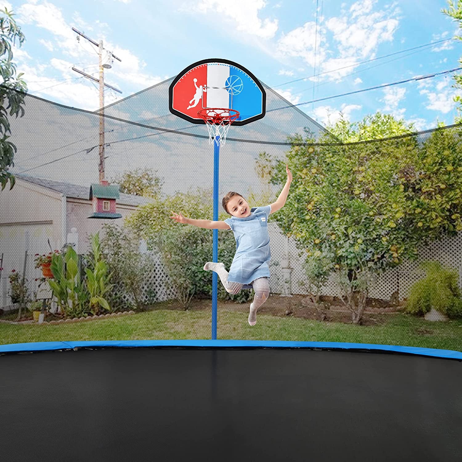 15 FT Trampoline with Safety Enclosure Net, Basketball Hoop and Ladder - 800LB ASTM Approved Kids Basketball Trampoline (Tricolor Backboard)