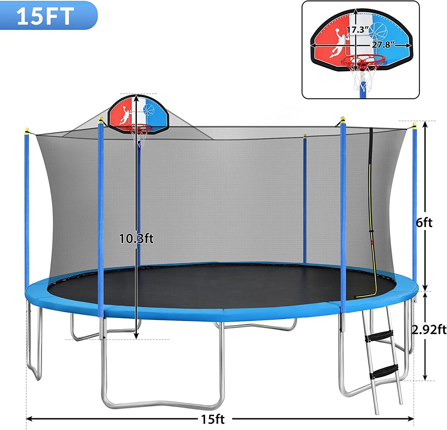 15 FT Trampoline with Safety Enclosure Net, Basketball Hoop and Ladder - 800LB ASTM Approved Kids Basketball Trampoline (Tricolor Backboard)