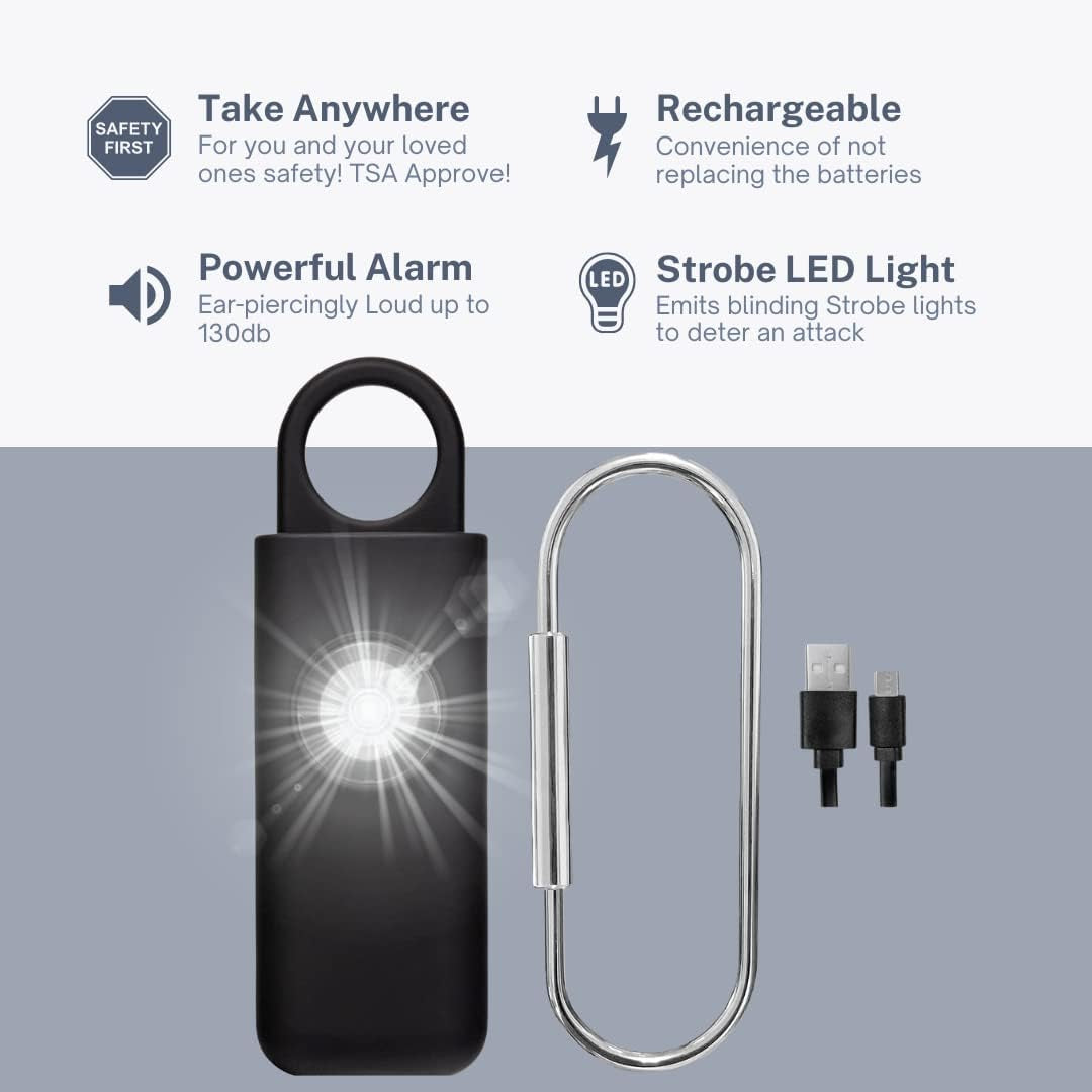 The Original Self Defense Siren Personal Safety Alarm for Women, Men, Kids, Elderly - SOS LED Strobe Light - Air Travel/Tsa Friendly - Emergency Safe Key Chain Device, Pocket Size - Black Rechargeable